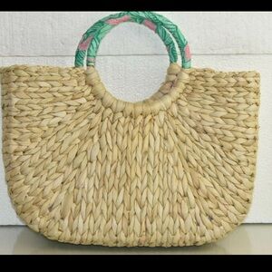 Vineyard Vines Banana Leaf Wrapped Handle Straw Tote Bag Hibiscus